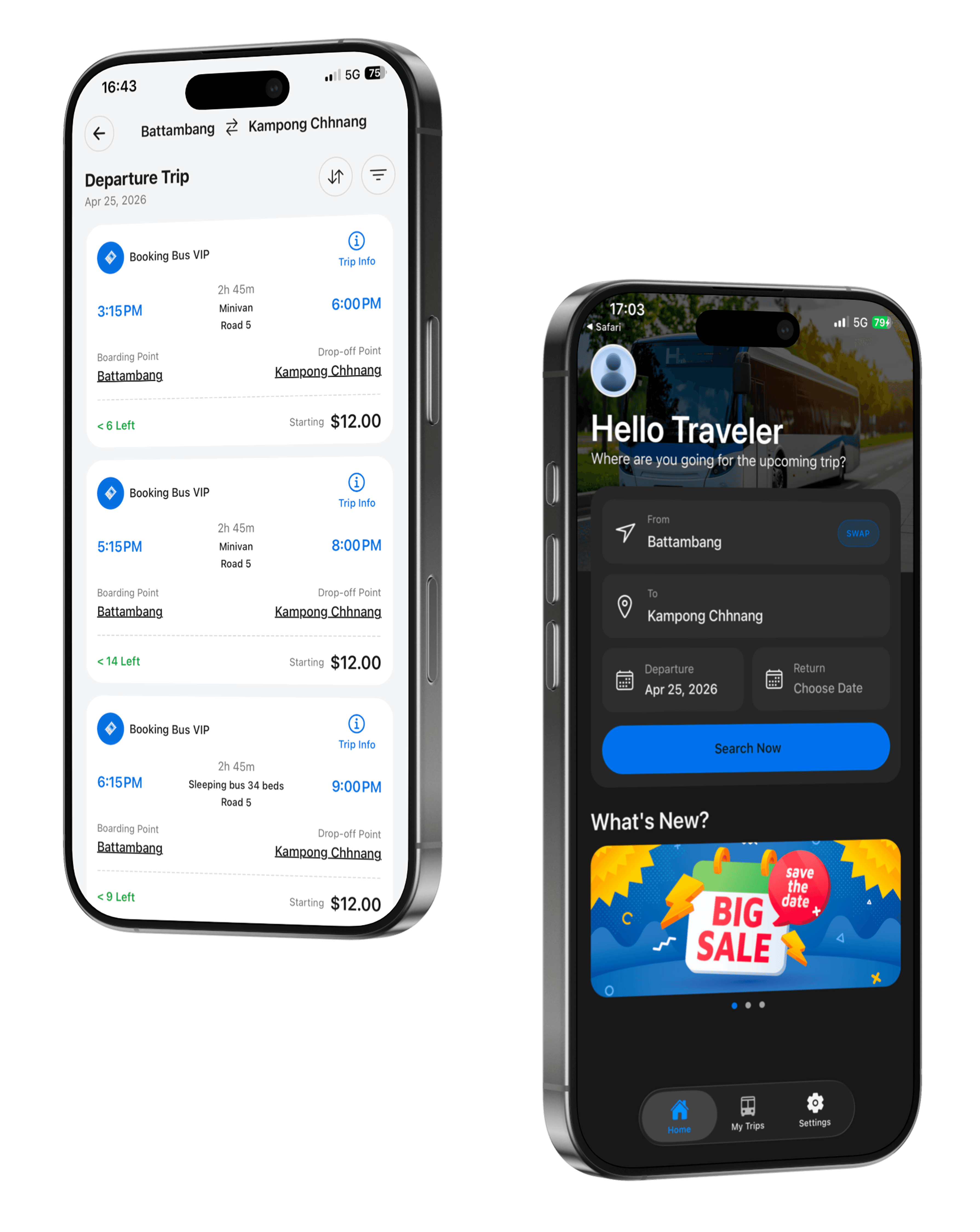 Booking Bus mobile app showing departure trips and booking details